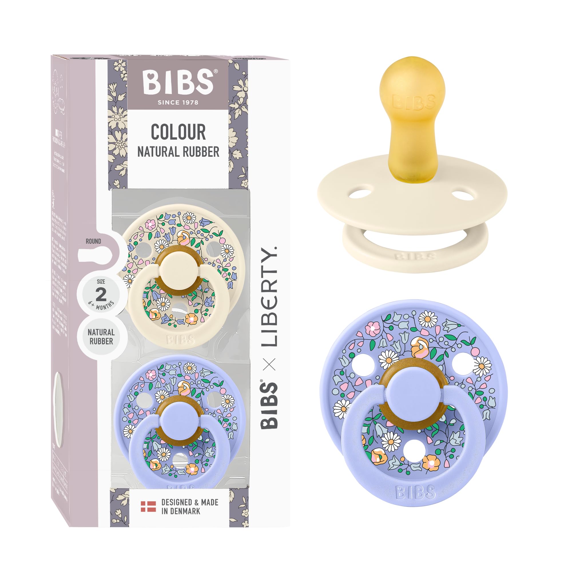 BIBS Liberty Soother 2-Pack, BPA Free Dummy Pacifier, Round Nipple. Natural Rubber Latex, Made in Denmark, Size 2 (6-18 Months), Ivory/Hush