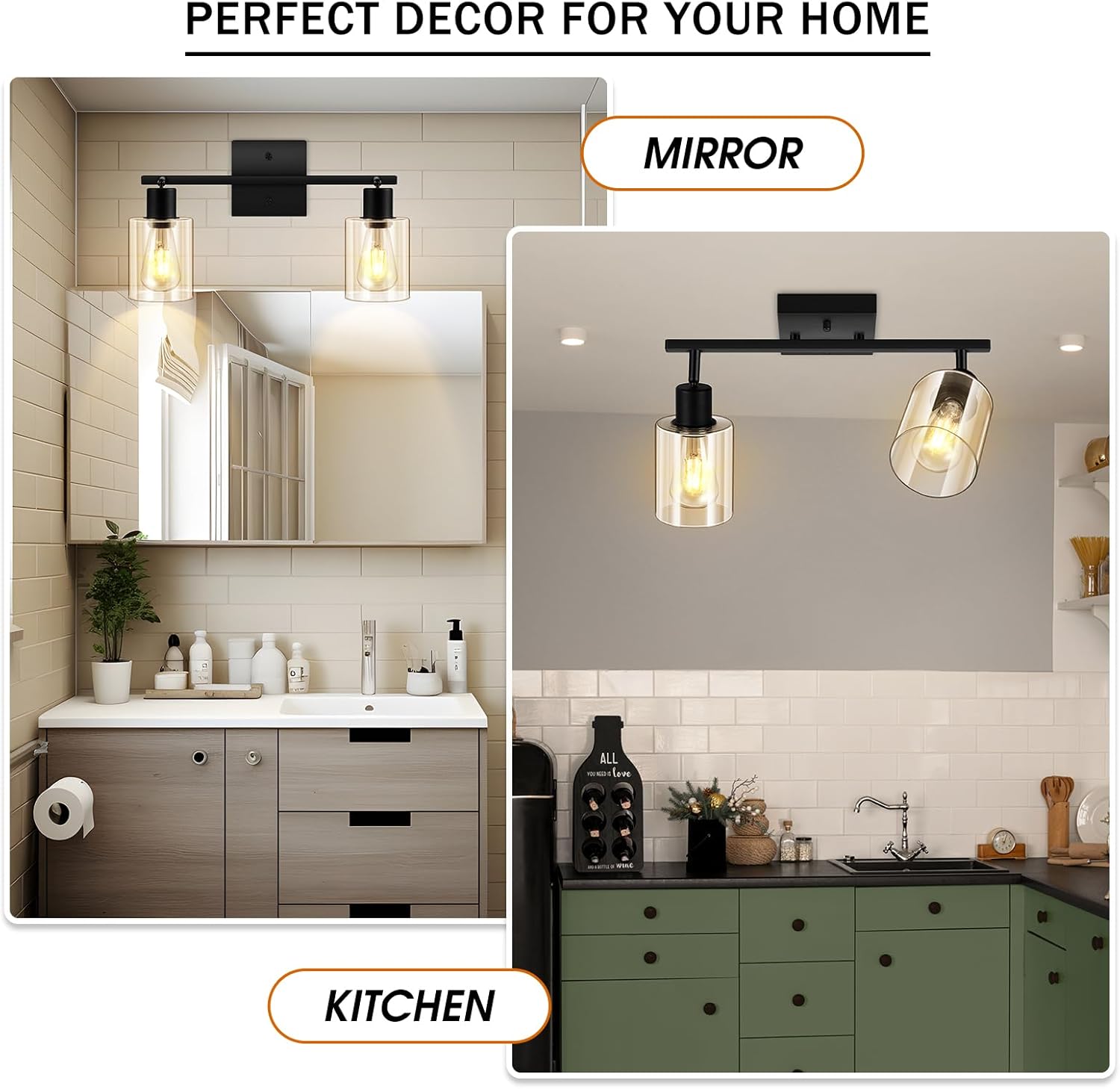 Track Lighting Fixtures Ceiling for Kitchen, Black 2-Light Wall Lights, Modern Led Track Lighting Ceiling with Glass Shade, Rotatable Head, Wall Mount Spotlight for Bathroom Vanity Hallway, E26 Base