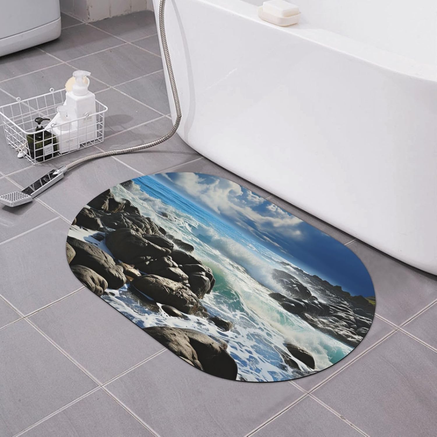 Ocean Pouring Over Coastal Rocks Diatomaceous Earth Bath Mat Soft Bathtub Mat Rugs Non Slip-Super Absorbent Bathroom Floor Mat Quick Dry Diatomaceous Bath Mats for Bathroom 23.6 X 15.7 Inches