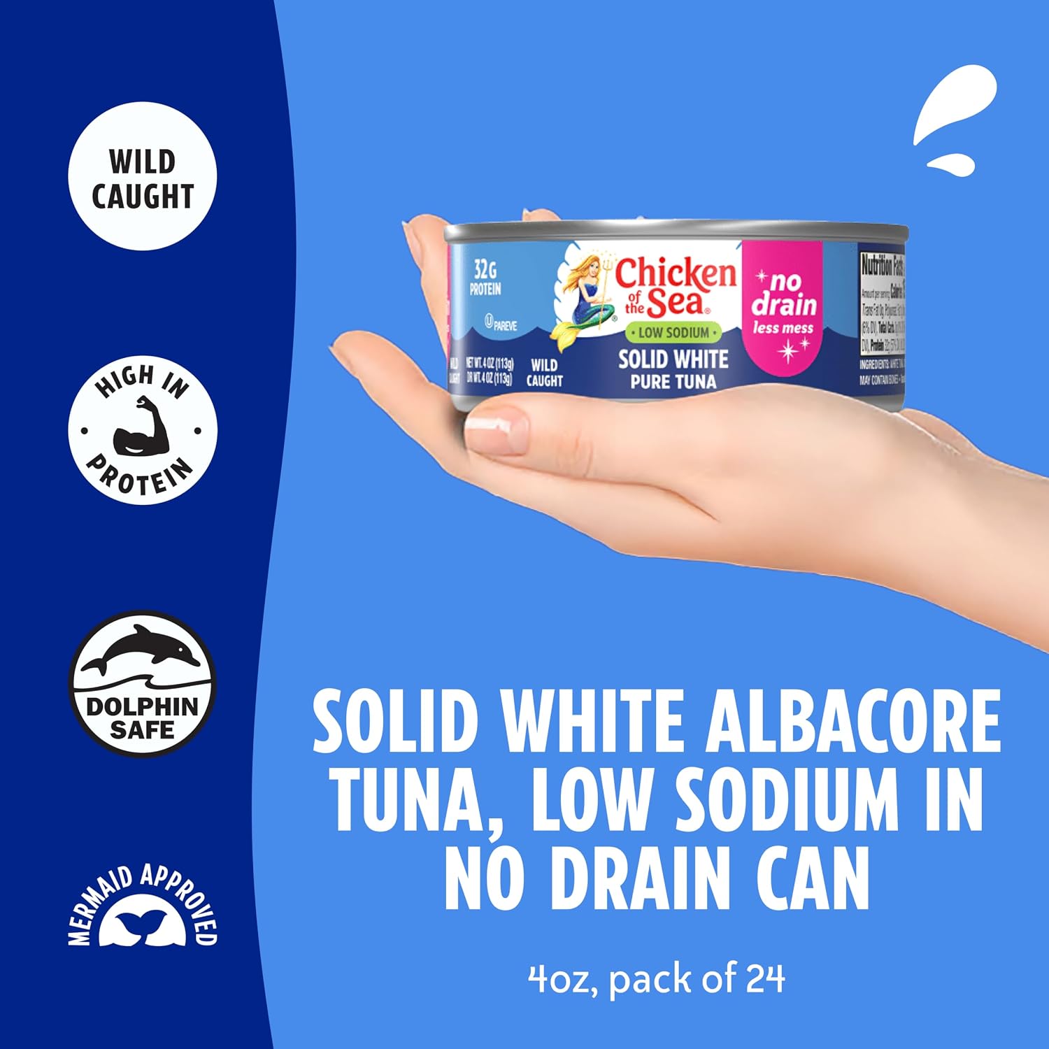 Chicken of the Sea Wild Caught Low Sodium Solid White Pure Albacore, No Drain, 4 oz Cans, 24-Count – High Protein 100% Classic Tuna in No Drain Can for Less Mess – Nutritious Ready to Eat Meals