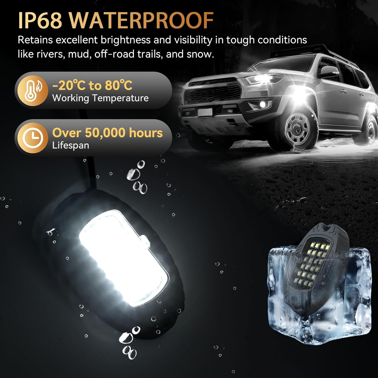 4Pods Aluminum Housing Plug and Play All Pure White LED Rock Lights Kit with Switch Harness Wiring Extension,Quick Connect 6500K Metal Underglow 12V Waterproof for ATV UTV SXS RZR Offroad Four Wheeler