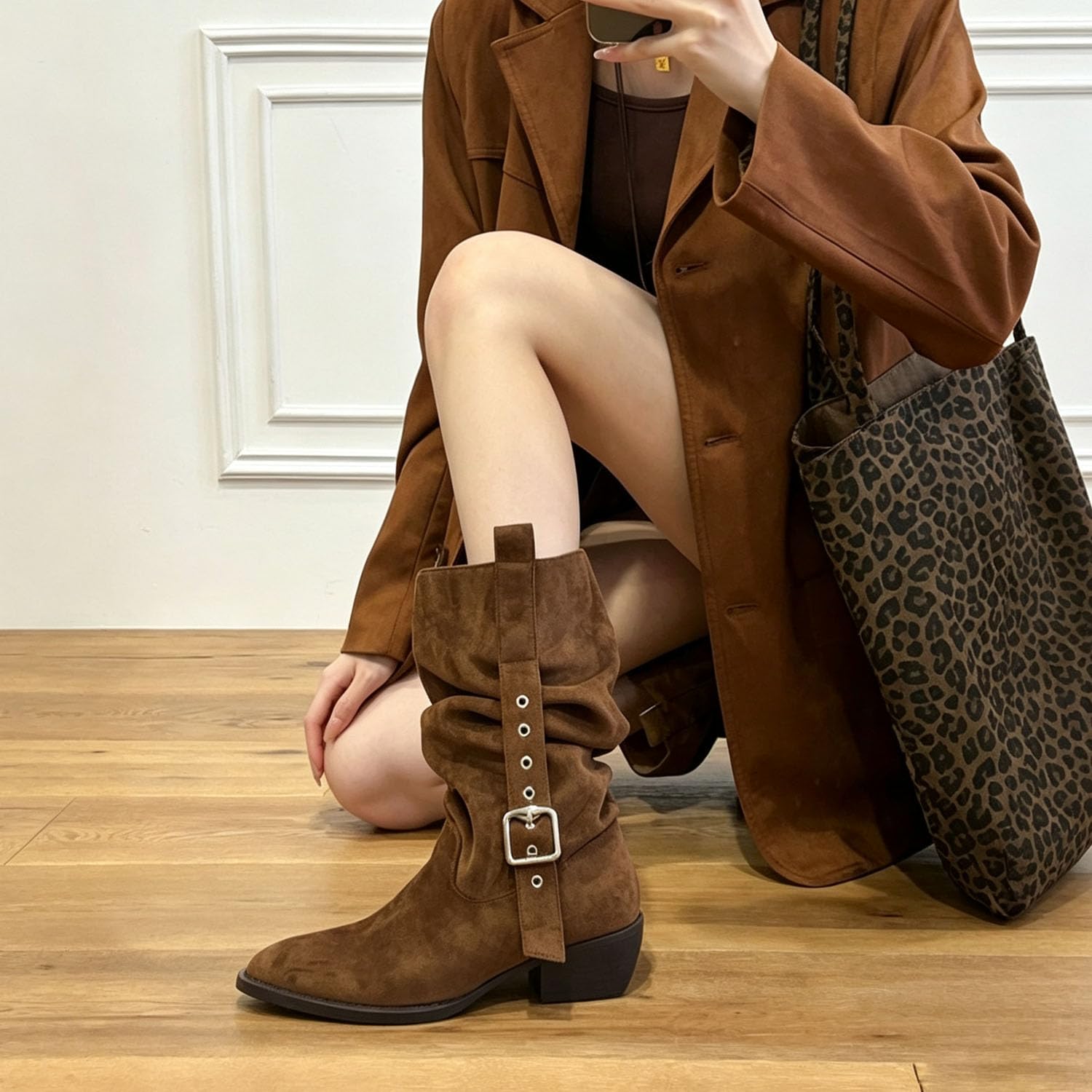 Stiefel Damen Boots Slouch Western,Schafsfutter Kuhleder