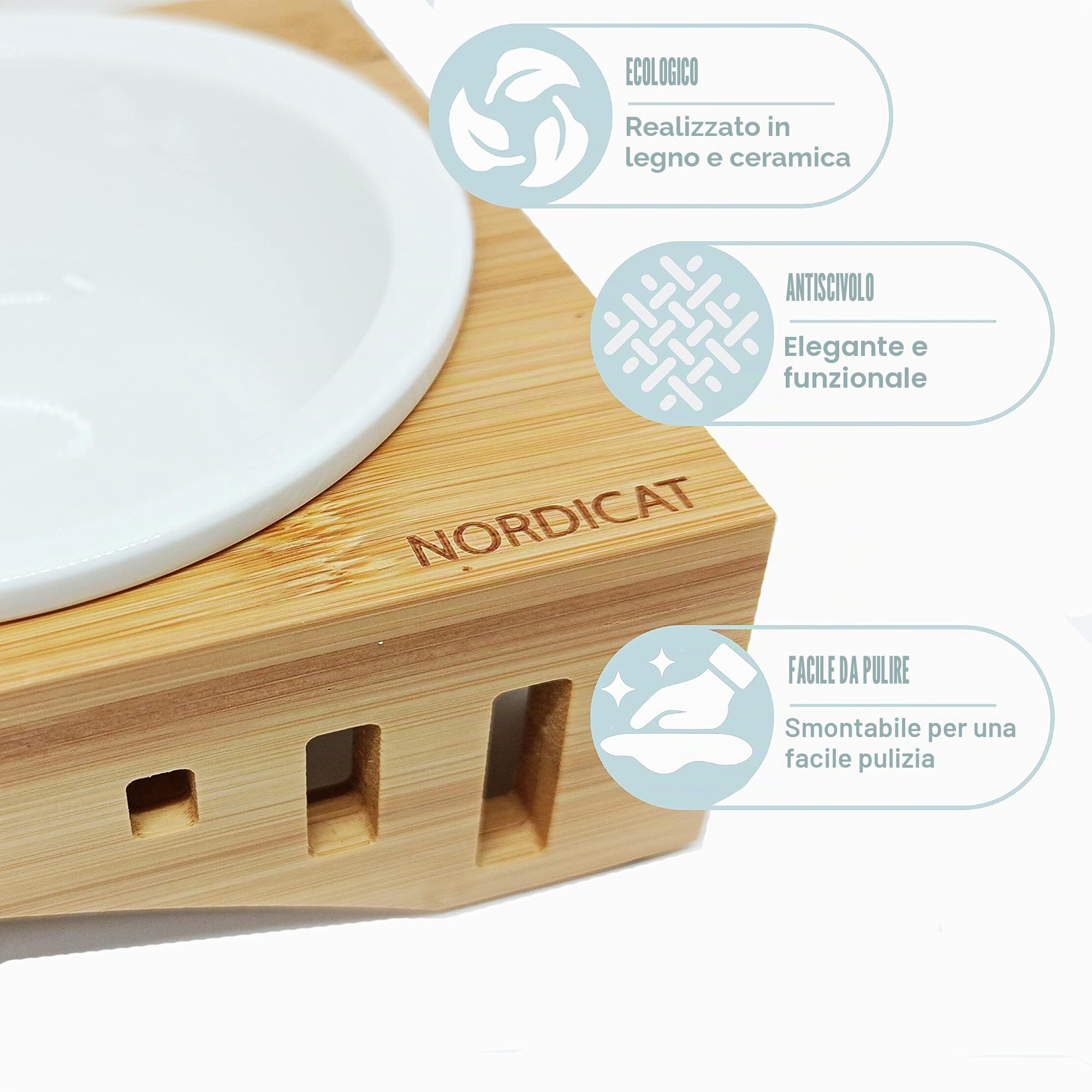 NORDICAT Ciotole per Gatti in Ceramica con Base Rialzata in Legno di Bamboo Antiribaltamento, Mangiatoia e Abbeveratoio Cibo Acqua Animali Domestici con Portaciotole Doppio, Accessori Gatti