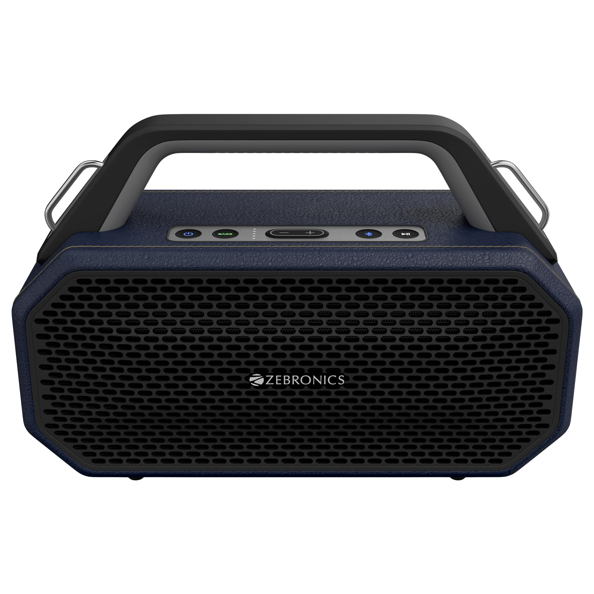 Zebronics Prima, Portable Bluetooth Speaker, 90 Watts, Upto 9 Hours Playback, Dual 11.8cm Drivers, Dual Passive Radiators, BTv5.4 | TWS | AUX | USB, Carry Strap, Deep Bass, Splash Proof (Blue)-picture-12