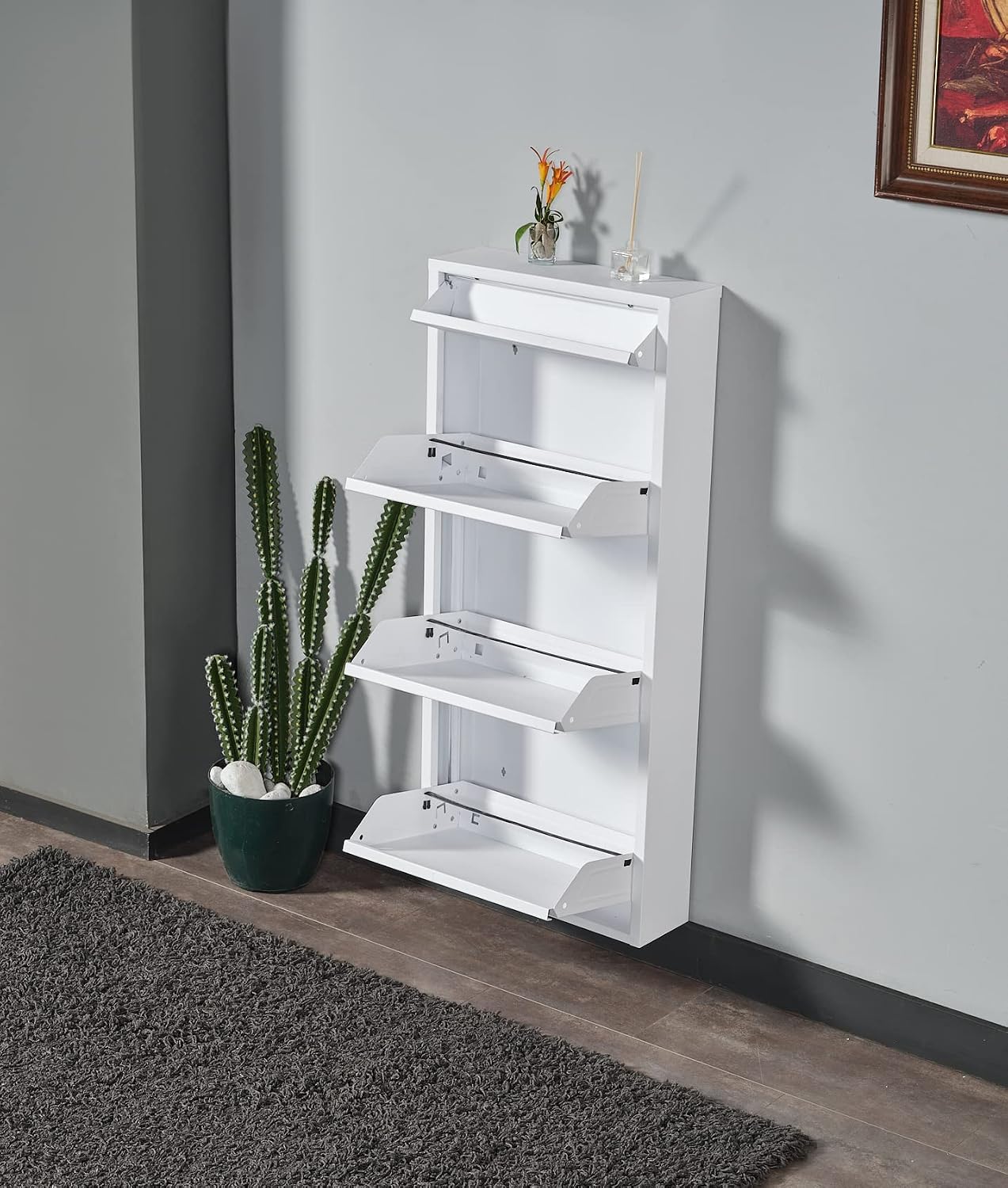 Flip Drawer Shoe Cabinet, Storage Organizer, Freestanding Shoe Rack, Wall Mounted No-Assembly (White, 2 Drawer)