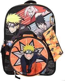 Naruto Anime Character Print Orange and Black 5-Piece Backpack Set For Boys