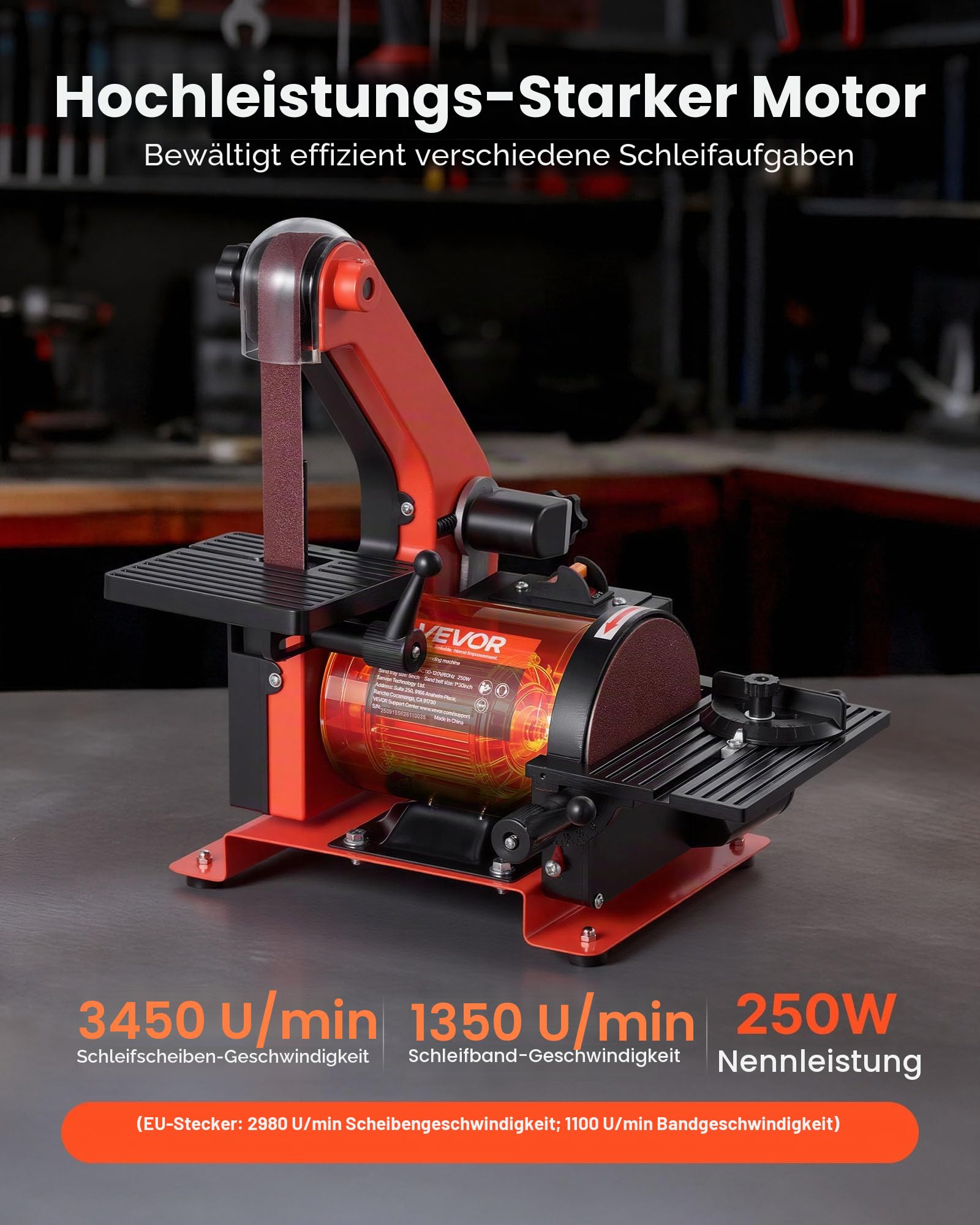 VEVOR Band-Tellerschleifer 250 W, 127 mm Tellerschleifer & 25,4x762 mm Bandschleifer, mit 0-45° verstellbarem Arbeitstisch & Staubabsauganschluss für Holzbearbeitung, Messerschärfen