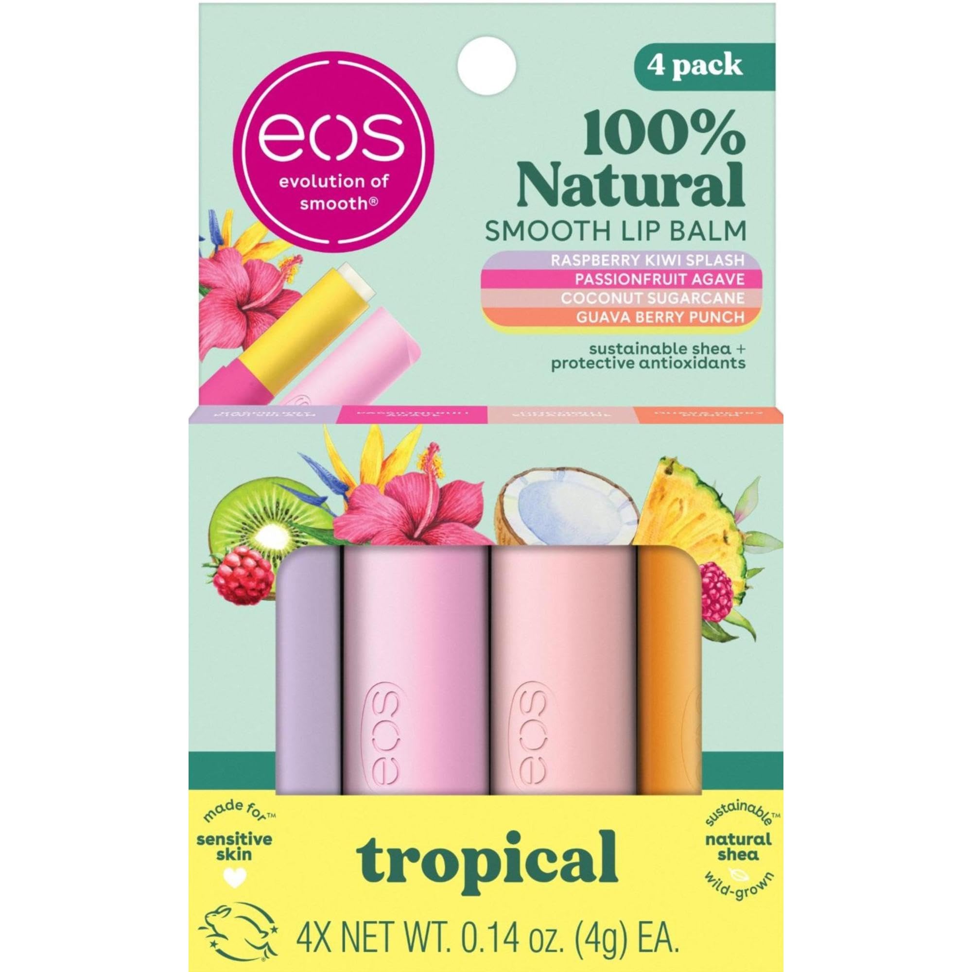 eos 100% Natural Lip Balms - Raspberry Kiwi Splash, Passionfruit Agave, Coconut Sugarcane, & Guava Berry Punch, All-Day Moisture Lip Care, 0.14 oz, 4-Pack