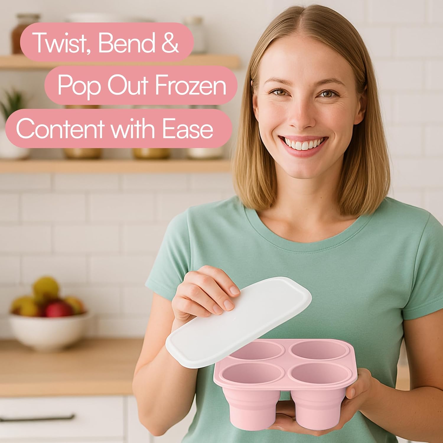 Silicone Freezer Tray with Lid - Stackable 2 oz Large Ice Cube Molds for Homemade Purees, Egg Bites, Broth Food Storage - Dishwasher Safe - 3 Pack