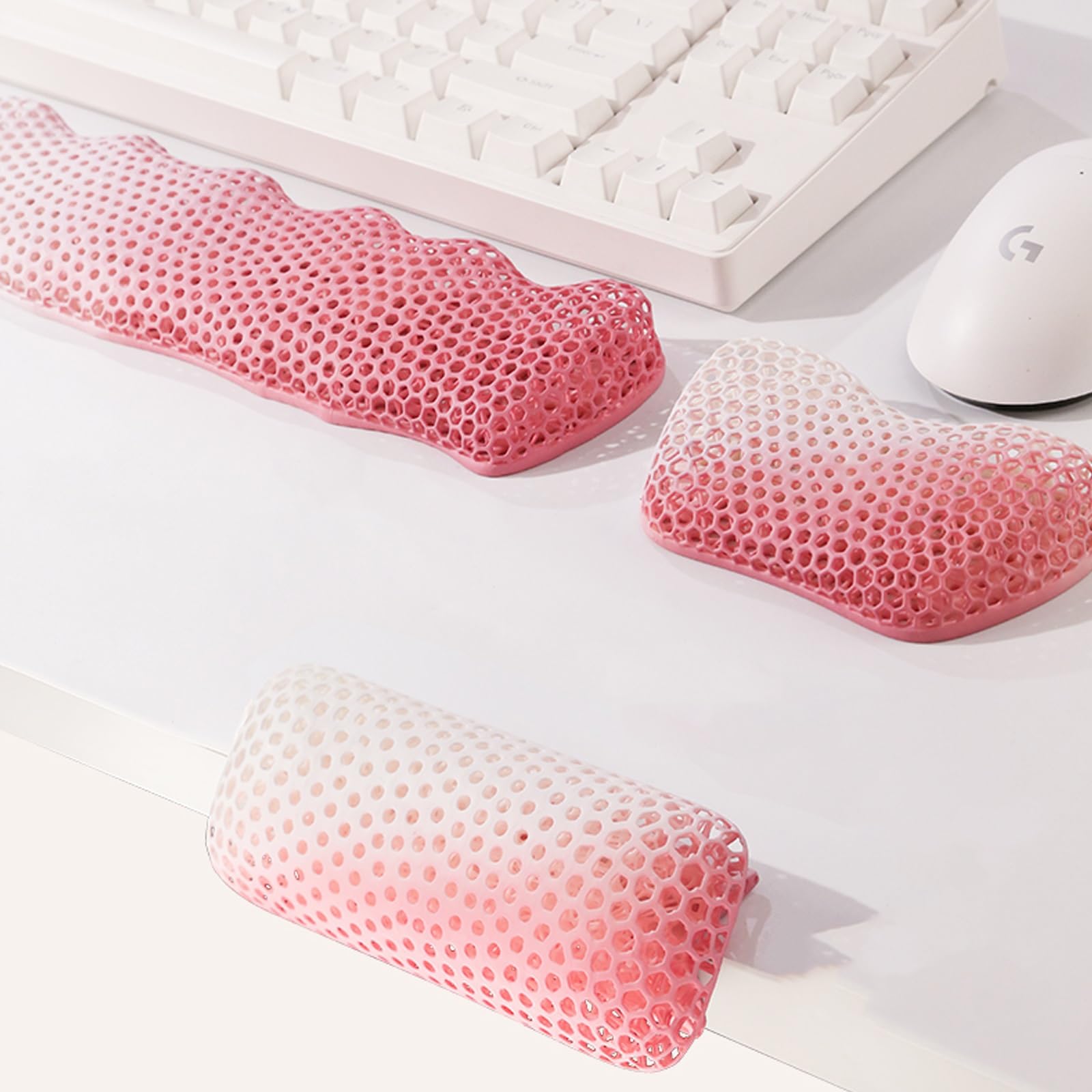 FORRTY Almohadilla Reposabrazos con Reposamuñecas Impresa En 3D, Soporte Ergonómico for Teclado Y Ratón, Transpirable, Lavable, Cojín for Escritorio, PC, Juegos, Escritura(Rosa,Three)