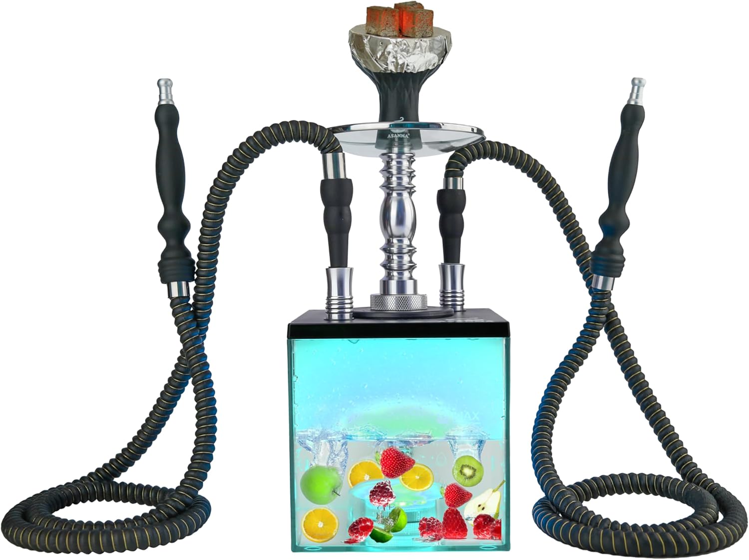Wide Open for Easy Clean Hookah Set with Everything - ASANMA Updated Cube Modern Shisha include Silicone Phunnel Bowl Silk Pipe Coal Tongs Remote LED Light for Great Smoking