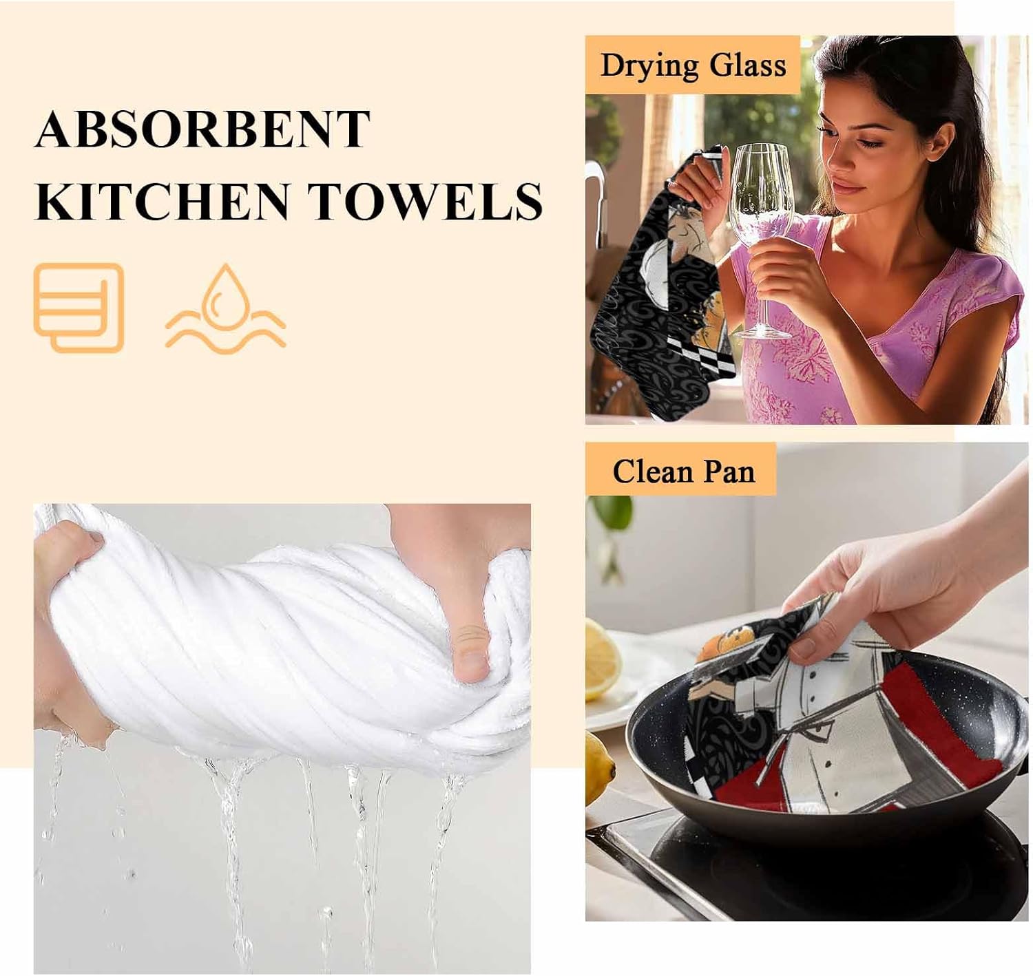 PIEPLE Vintage Chef Kitchen Towels - 3 Pack Microfiber Absorbent Dish Towels for Kitchen, Black White Checkered Red Paris Black Farmhouse Kitchen Hand Towels/Tea Towels/Bar Towels 18"x28"