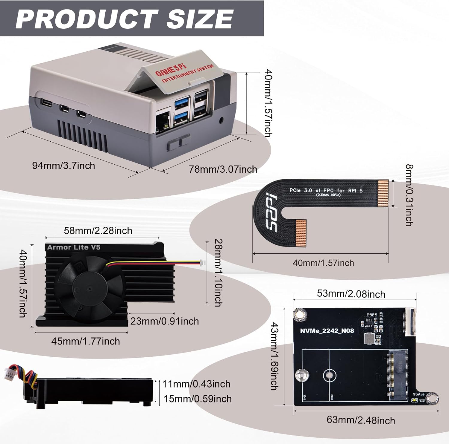 GeeekPi Game5Pi Case with N08 PCIe to M.2 NVMe SSD PCIe Peripheral Board, and Armor Lite V5 Cooler for Raspberry Pi 5, Support M.2 2230/2242 SSD