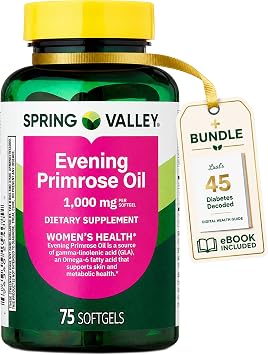 Spring Valley Evening Primrose Oil Womens Health Dietary Supplement Softgels, 1000 mg, 75 Count, Softgels, Evening Primrose Oil Capsules 1000mg Bundle with LualLs 45 Diabetes Decoded