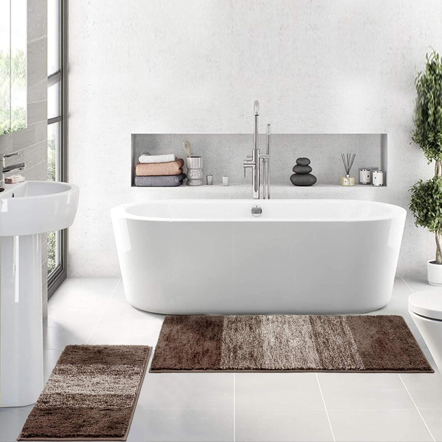 Vaukki Luxury Soft Bathroom Rugs Set of 2, Non Slip Washable Plush Bath Floor Mats, Microfiber Shaggy Absorbent Striped Bath Carpet for Tub, Bathroom and Shower (18''x26''+18''x47'', Coffee) : Home & Kitchen