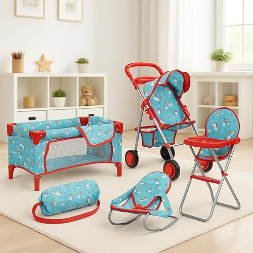 Miniatura 12 de fash n kolor El juego de 4 piezas para muñeca de bebé, diseño de flores, incluye paquete plegable y juego, cochecito de muñeca de bebé, silla alta 4