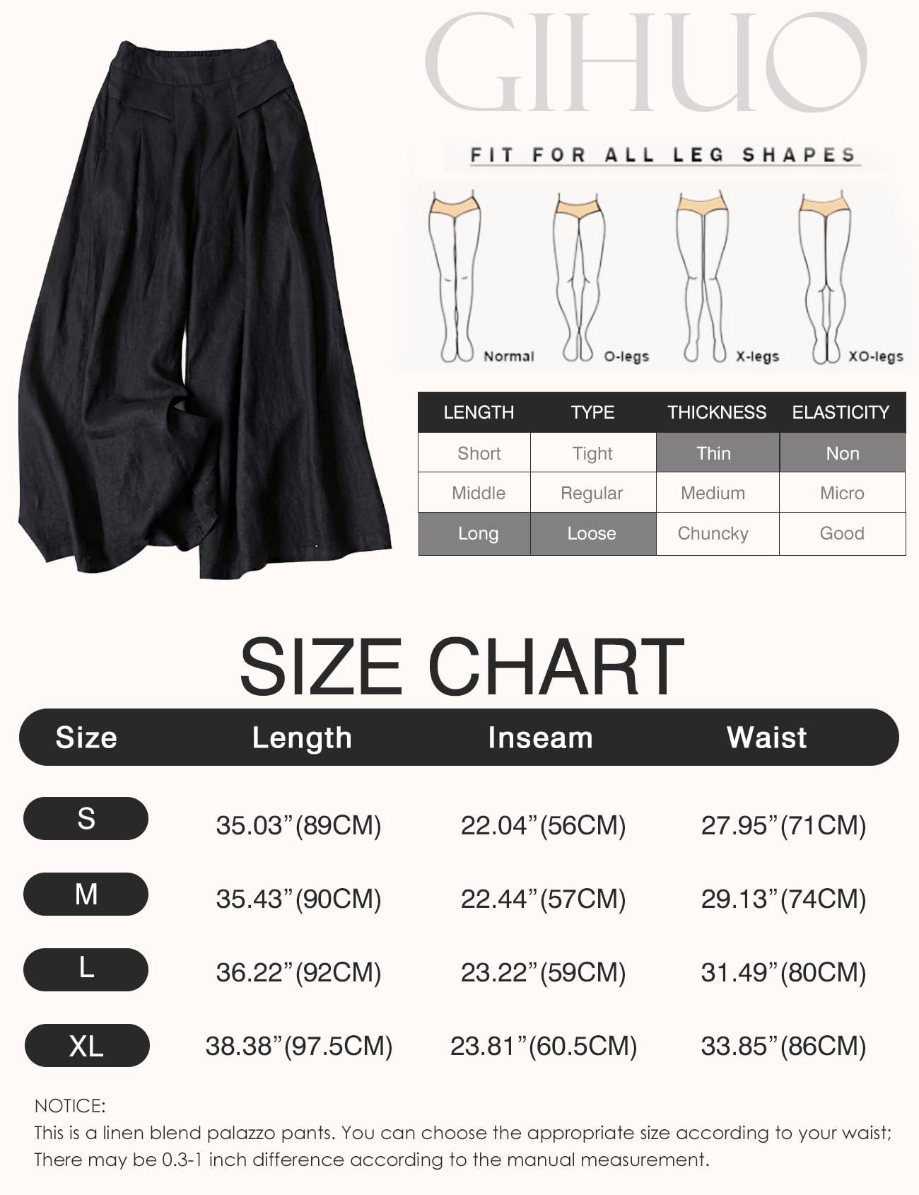 Gihuo Culottes - Pantaloni da donna in lino, a gamba larga, stile capri