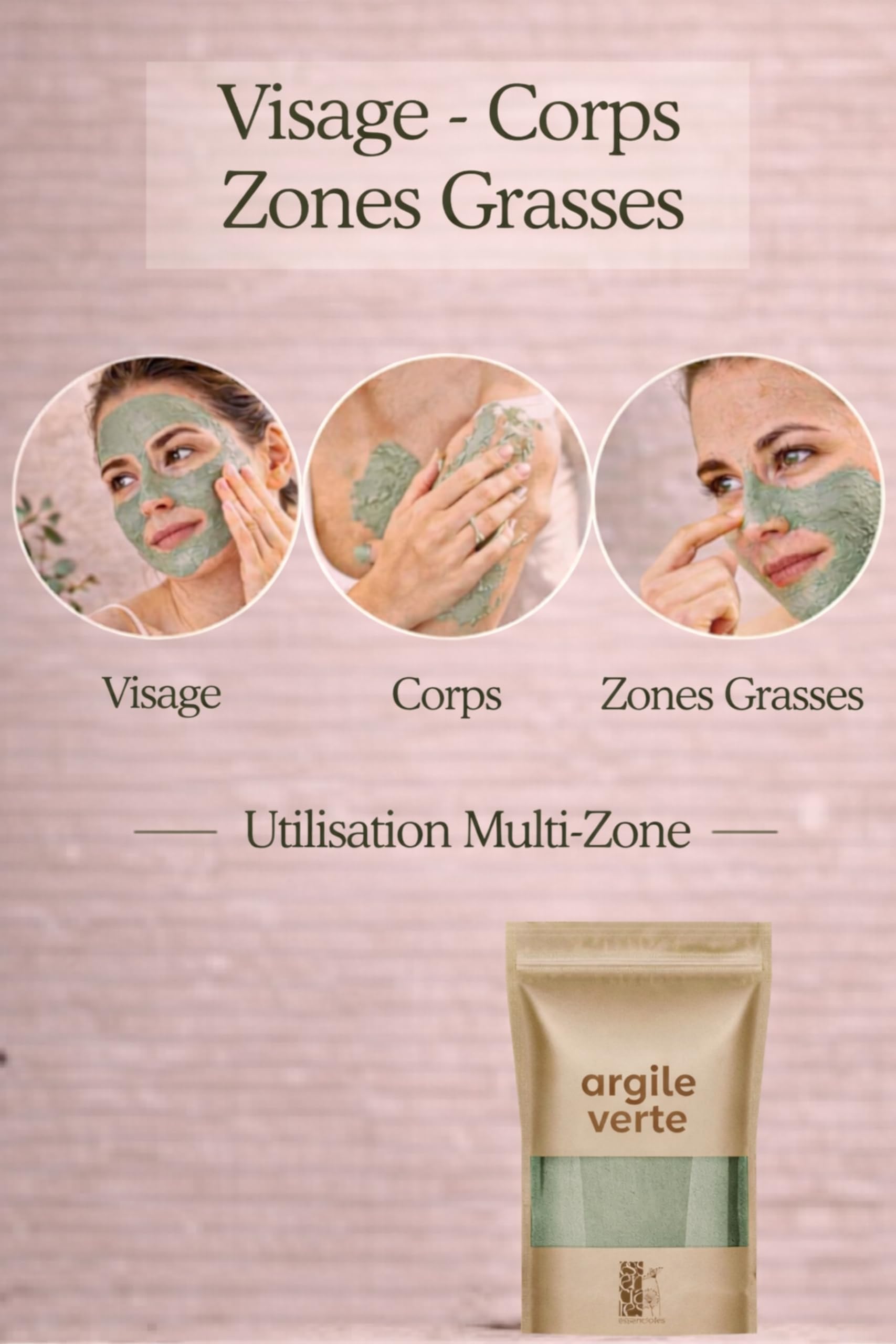 Essenciales – Argile Verte Ultra Ventilée Montmorillonite en Poudre, Masque Visage Purifiant, Peaux Grasses et Imperfections, Soin Cheveux Détox, Nettoyage Pores