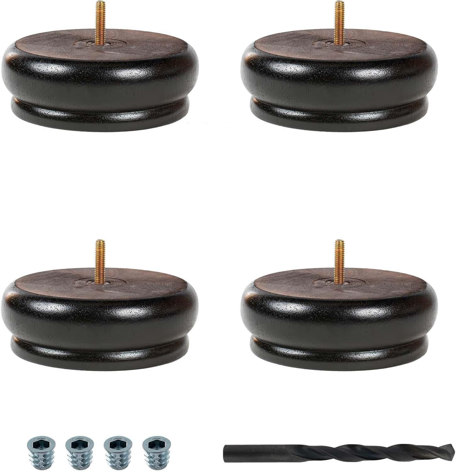 OUTWATER 4 in. H x 4 in. Dia Stained Espresso Solid Hardwood Bun Foot Leg for Furniture 4 Pack with 4 Free Insert Nuts and Drill Bit