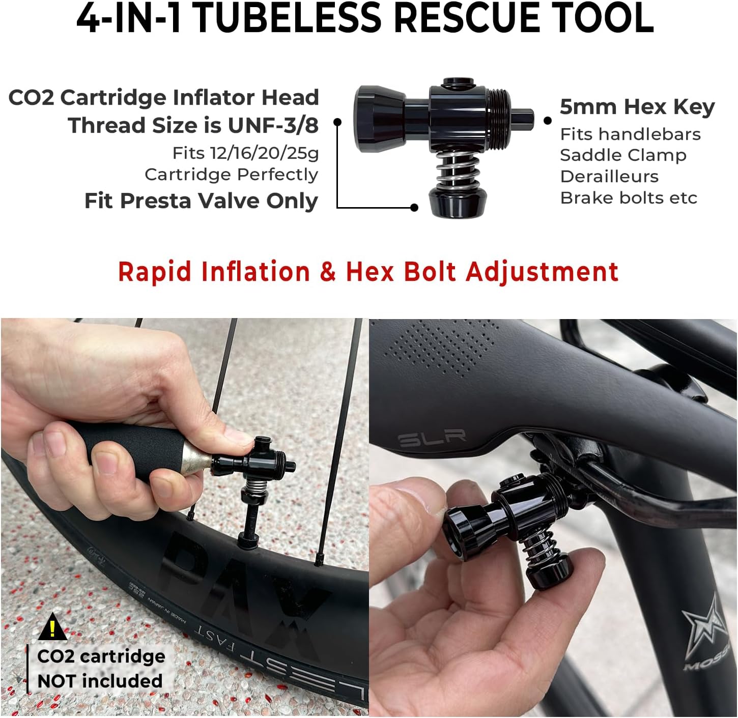 PAX 4-in-1 Tubeless Bike Tire Puncture Repair Kit - Includes CO2 Inflator Head, Presta Valve Core Remover, 5mm Hex Key & Tire Plugger. Lightweight Aluminum for MTB & Road Bicycles