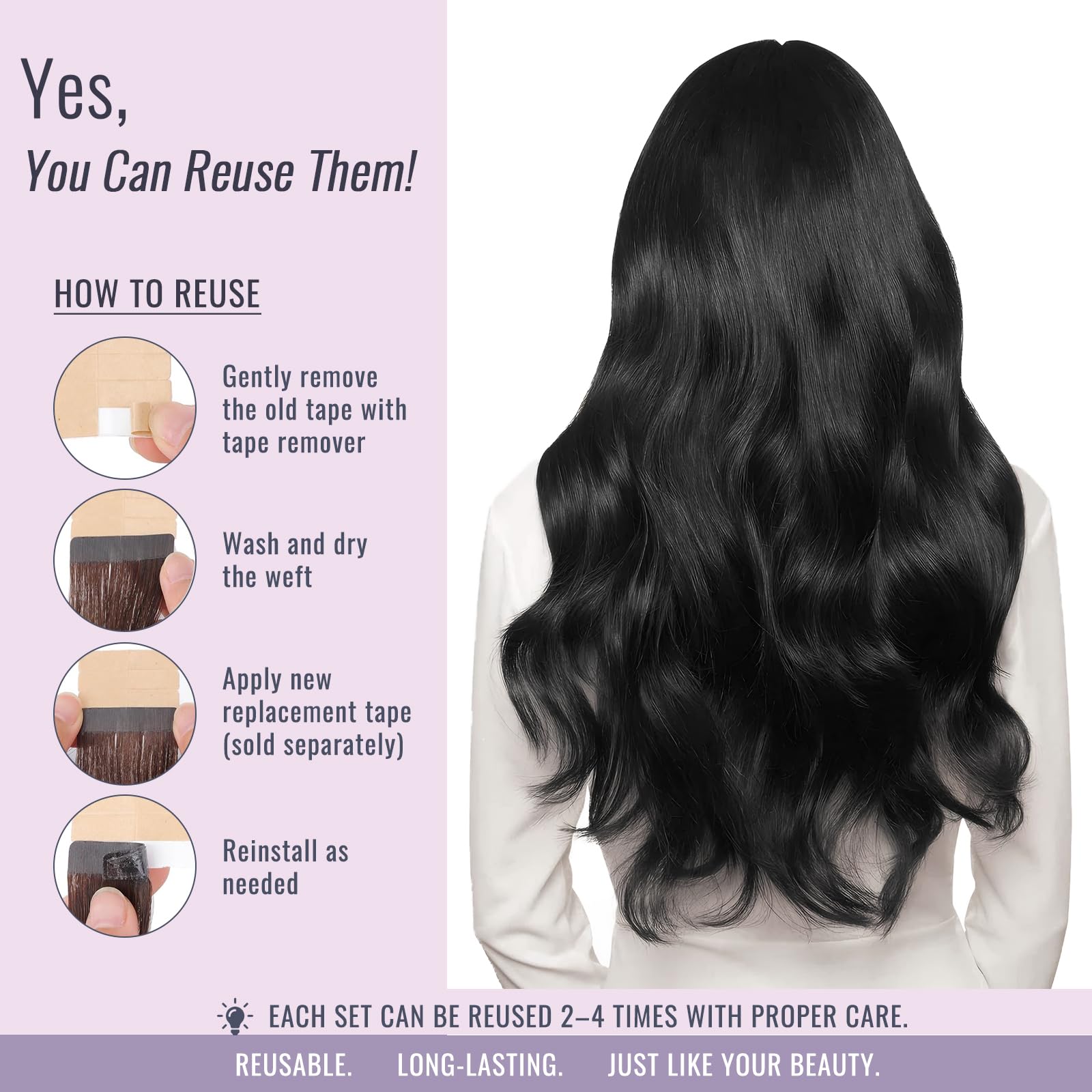 Fshine Extension Capelli Veri Biadesivo 50 cm 20 pcs Nero Jet Remy Umani Lisci