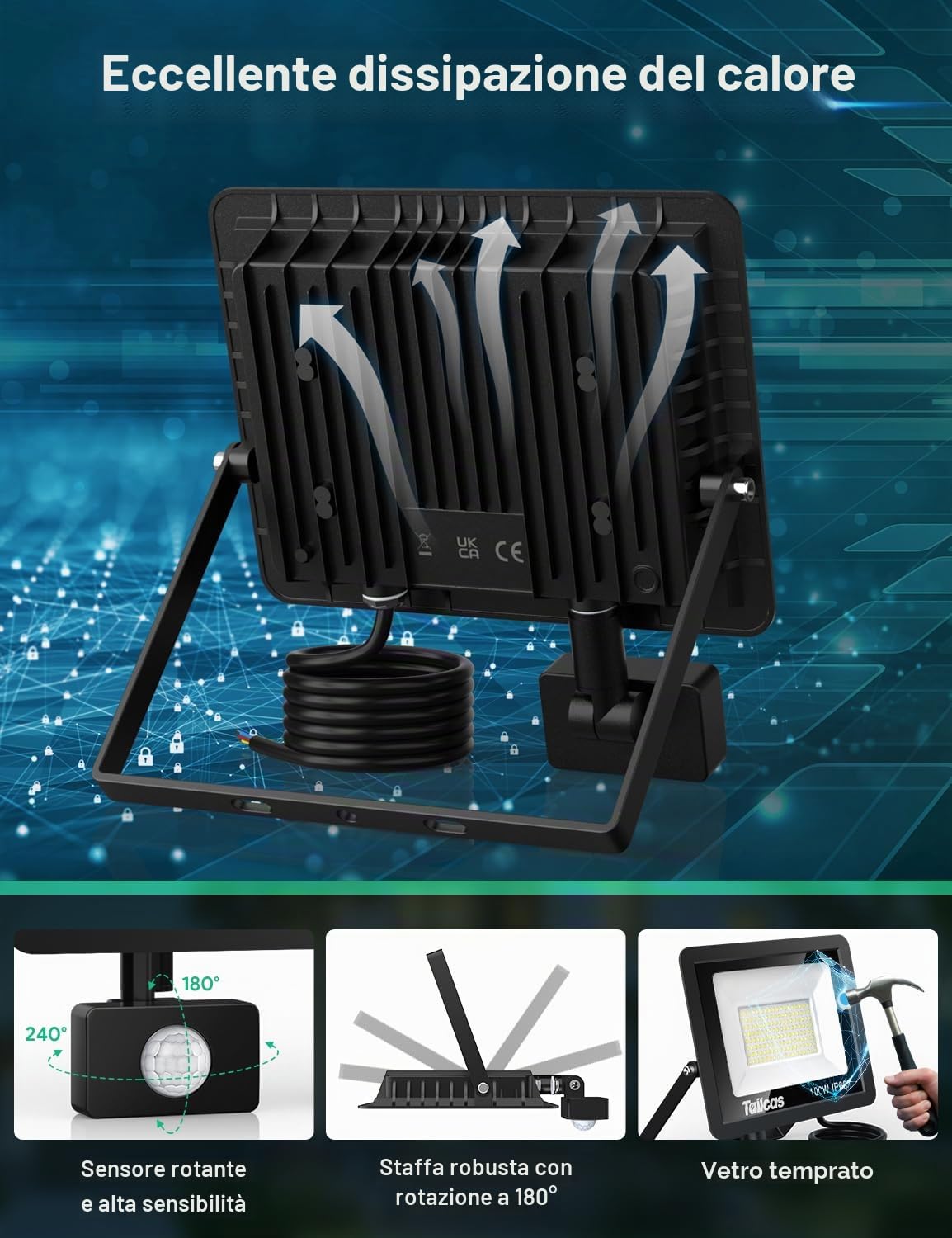 Tailcas Faretto LED da Esterno con Sensore di Movimento 100W, IP66 Impermeabile Faretti LED da Esterno con Telecomando, 9000LM Luci Faretto LED Interno ed Esterno per Giardino, Cortile, Garage