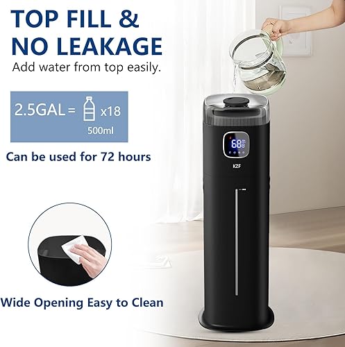 Miniatura 3 de KZF Humidificador grande para dormitorio, humidificador ultrasónico de niebla fría de 9L2.5 galones con humidistato, boquilla de 360, nivel de
