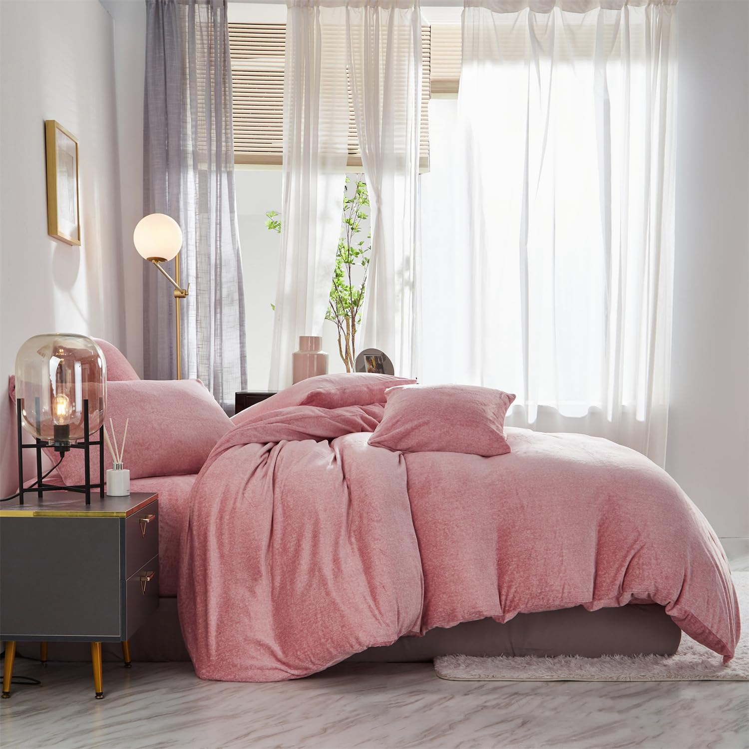 Set copripiumino in morbido velluto, rosa cipria, per letto queen size, autunno inverno, morbida e calda, per ragazze, rosa, 228,6 x 228,6 cm, lussuoso e accogliente pile felpato, set