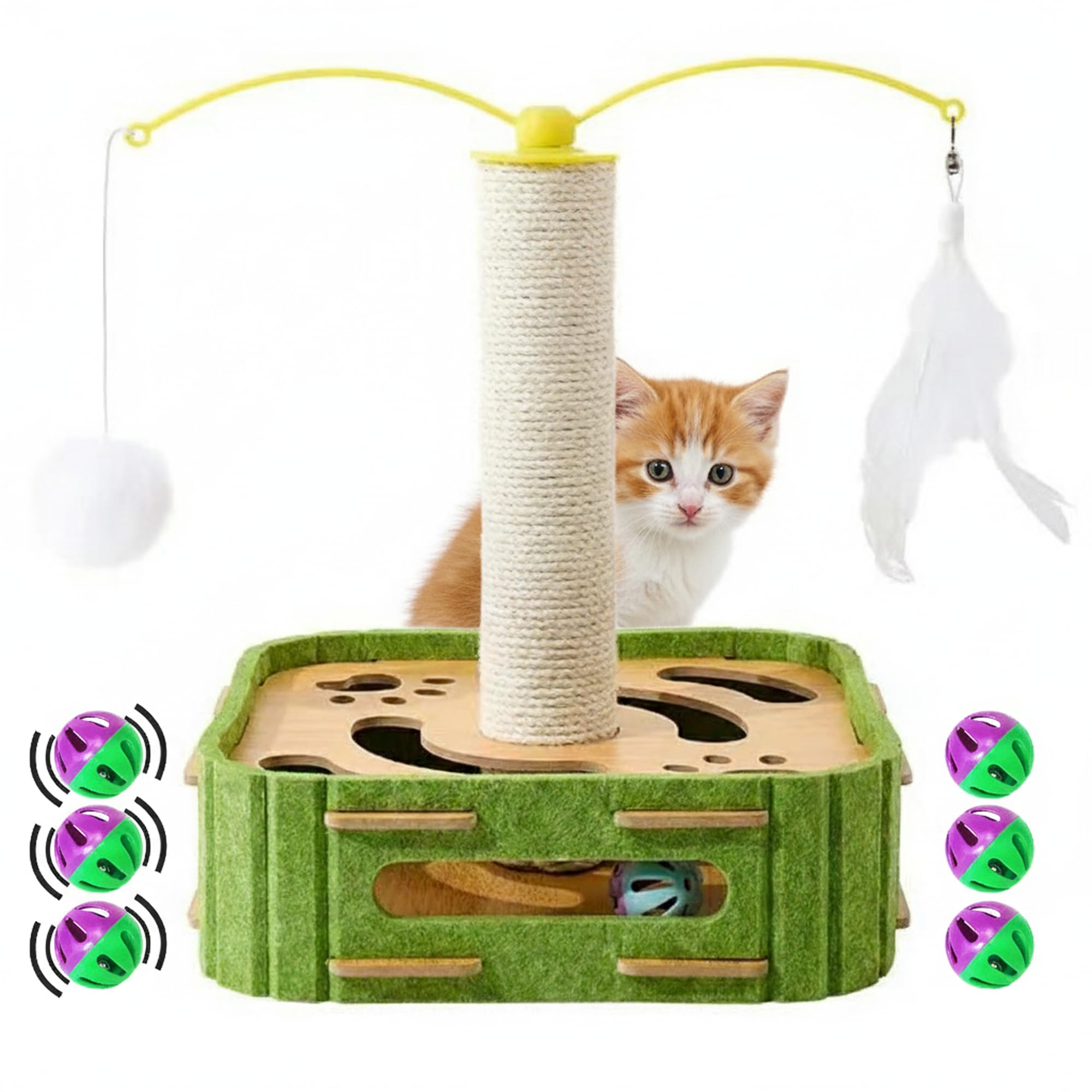 Tails & Whiskers 3-in-1 Cat Maze Tree Scratcher Toy, Interactive Enrichment Cat Tree with Sisal Scratching Post, Jingle and Silent Balls, 30 x 30 x 35 cm (Green, Square) - Square