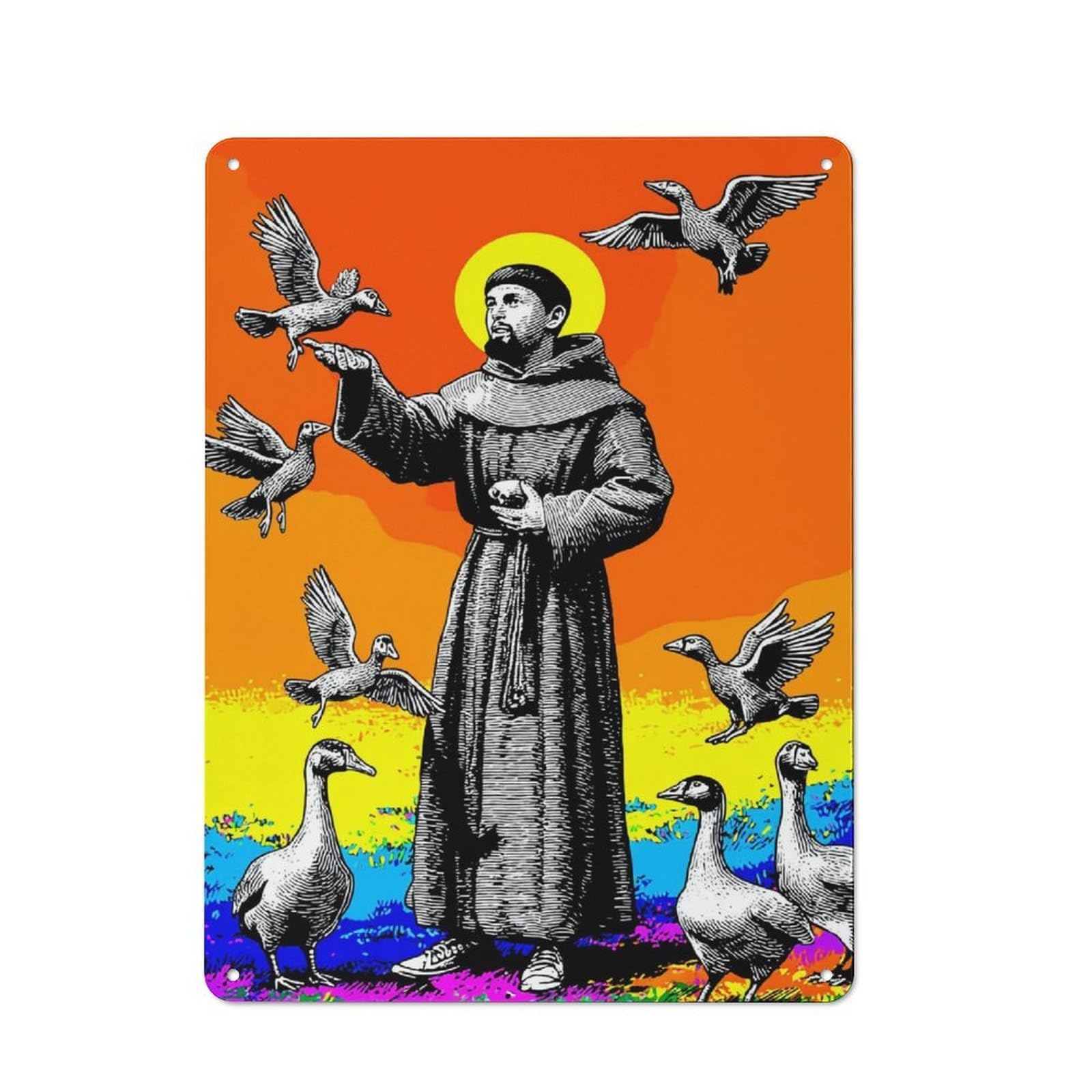 Country Metal Sign with Saint Francis with Birds Design 40x30cm, Farmhouse Farmhouse Wall Decor for Kitchen, Cottage, Porch Or Garden Room