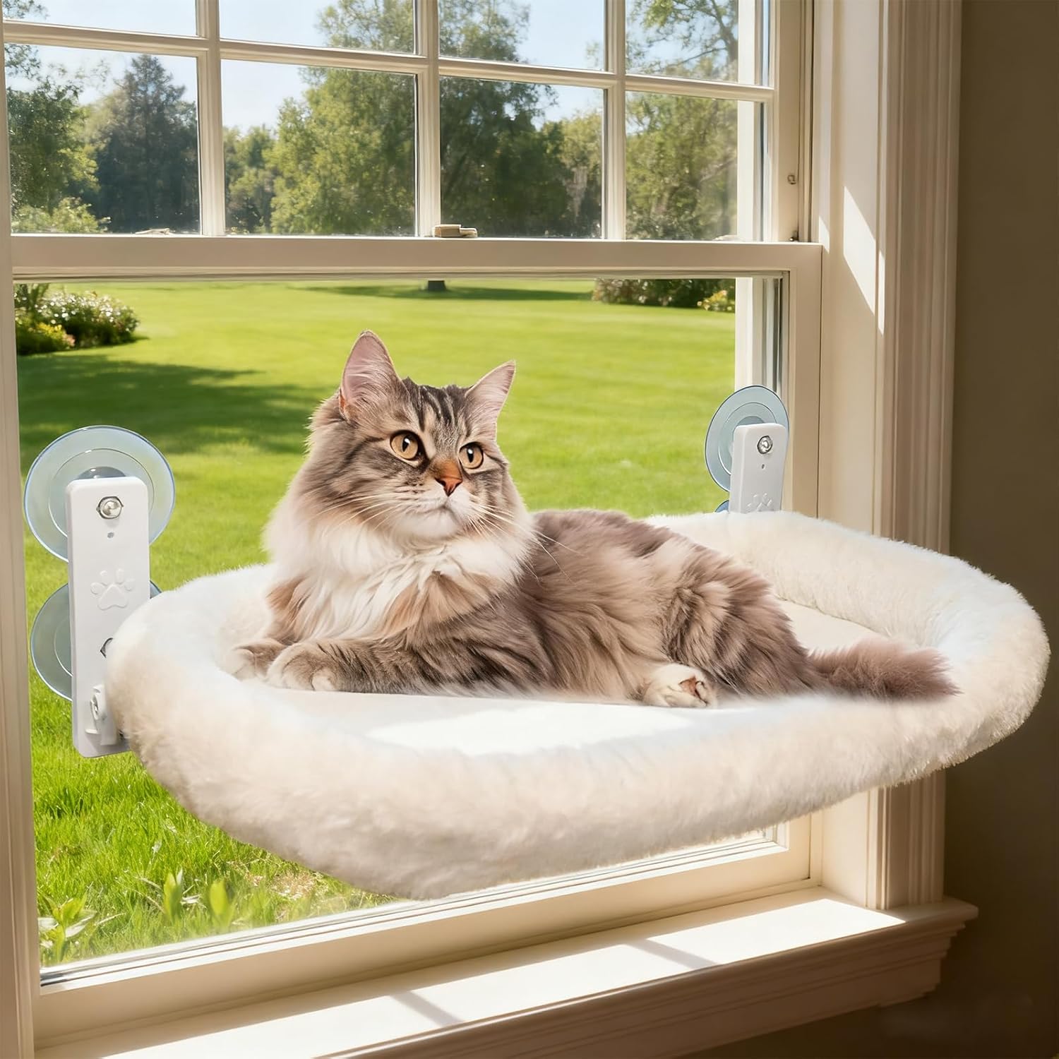 Cat Window Hammock, Adjustable 4 in 1 Cat Hammock, Cats Window Bed for Windowsill, Bedside, Floor, Reinforced Wood and Metal Frame,4 Strong Suction Cups, Cordless Design(Beige, 18inch)