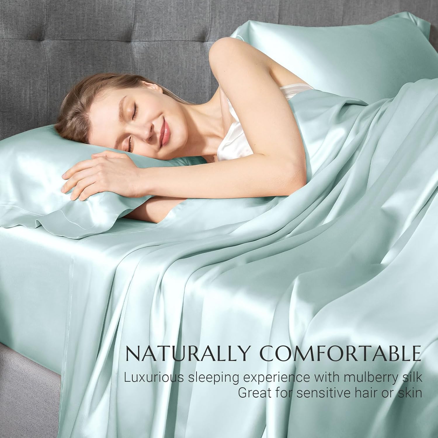 THXSILK Pure Mulberry Silk Flat Sheet, 7A+ High End Collection 100% Mulberry Silk Bed Sheet, Ultra Soft Pure Mulberry Silk Bedding, Durable Silk Sheet - King/California King, Light Blue