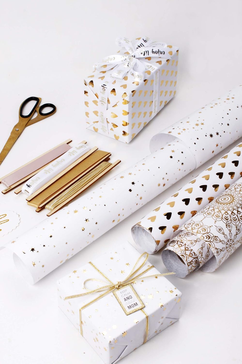 RUSPEPA Wrapping Paper Roll - White and Gold Foil Pattern for Wedding,Birthdays, Valentines, Christmas - 5 Roll - 30 inches X 10 feet Per Roll