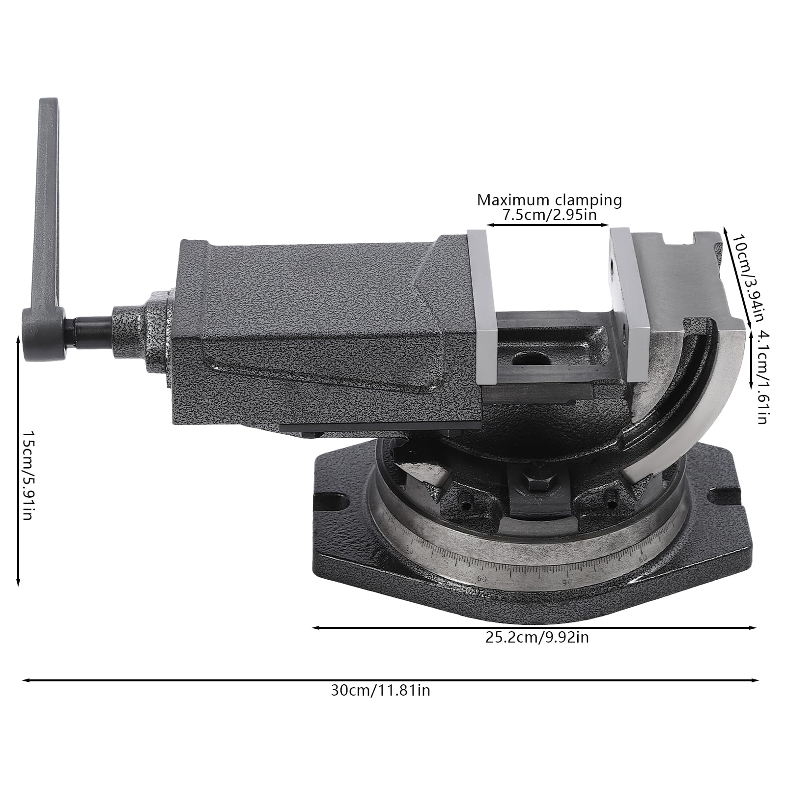 Imadło maszynowe, 2 osie, imadło do wiertarki z żeliwa, maks. szerokość zacisku: 75 mm, szerokość szczęk: 100 mm, obracany o 360°, kąt nachylenia 90°, stół roboczy do stołu krzyżowego, stół frezarski