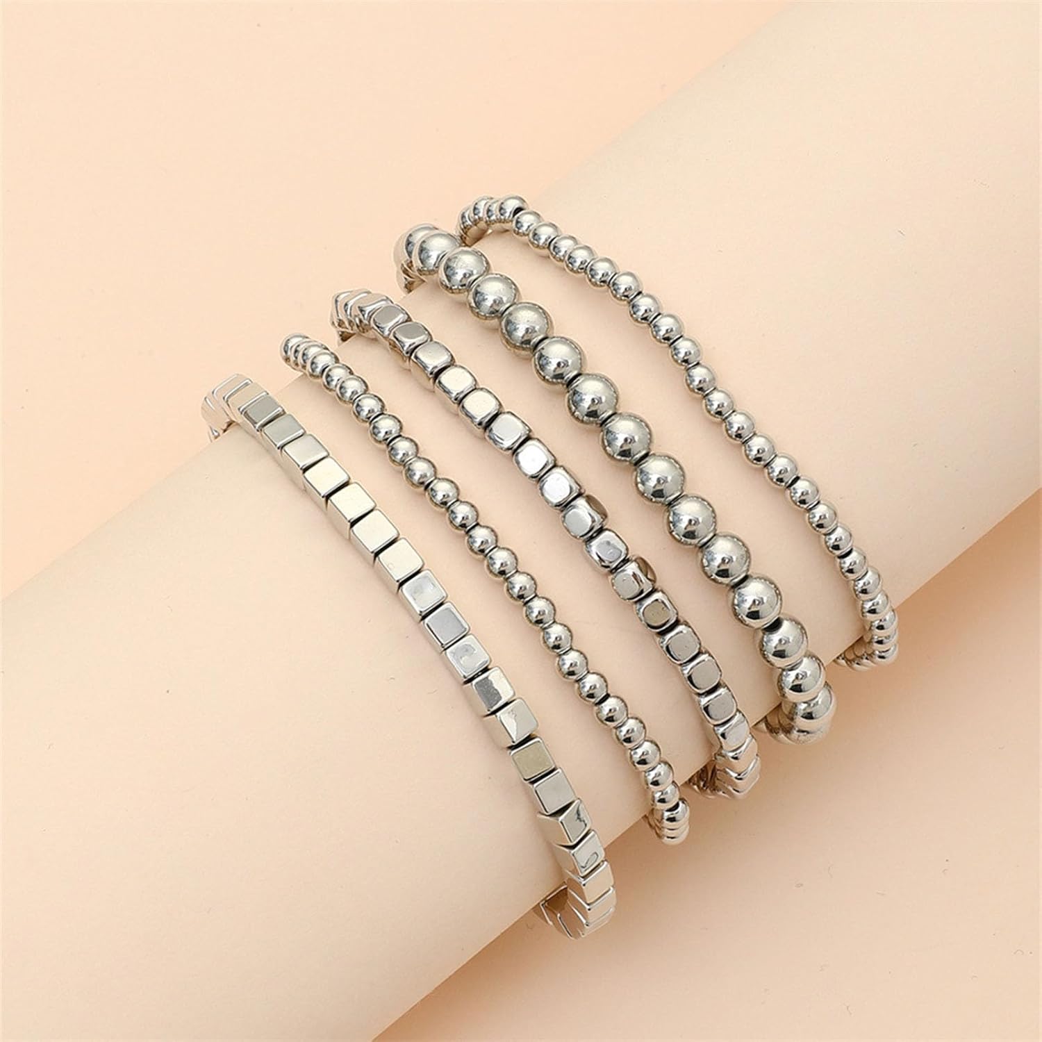 Gold Beaded Bracelets Set Stacking Cube Bead Chain Bracelets Stretchy Strings Round Beads Bracelets Bead Ball Link Chain Bracelets Handmade Elastic Hand Jewelry for Women - Image 4