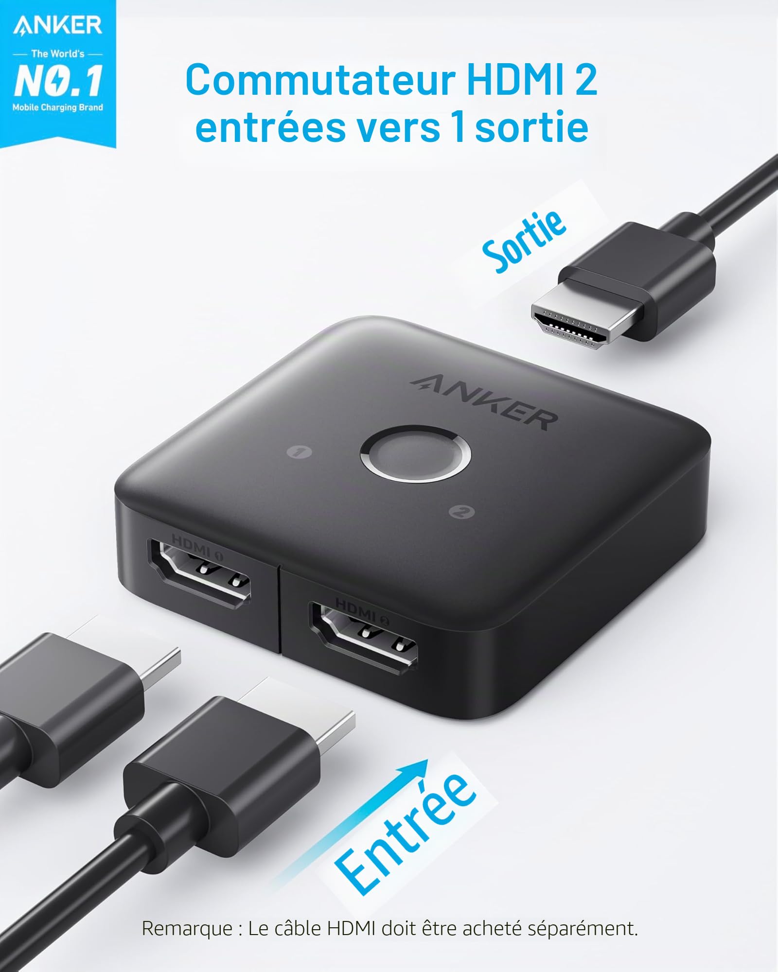 Anker Switch HDMI 4K à 60 Hz Commutateur bidirectionnel, Sortie 2 en 1 avec Finition Lisse, Prend en Charge HDR, 3D, Dolby, Compatible avec Laptops, PC, Xbox Series, PS5 / PS4, projecteur, etc.