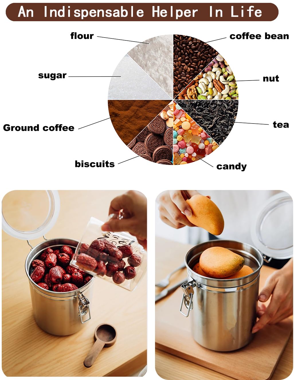 Kaffeedose Luftdicht mit Deckel Kaffeebohnen Behälter für Kaffeepulver Bohnen Tee Mehl Müsli Zucker, Edelstahl Dose zur Aufbewahrung Vorratsdose Küche Lebensmittel BPA-frei (2er Set - 1.8L - Silber)