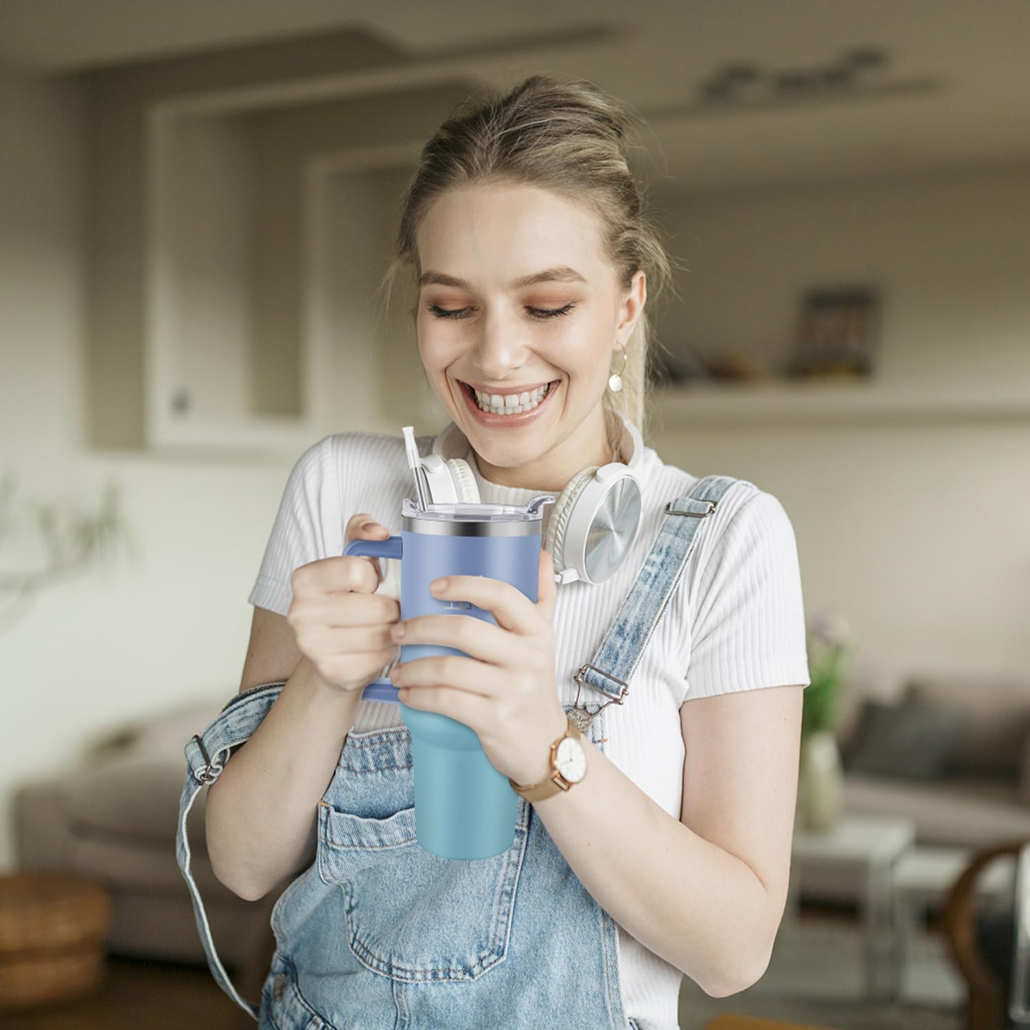 40 oz Tumbler with Handle and Straw Lid, 100% Leak-proof Travel Coffee Mug, Stainless Steel Insulated Cup for Hot and Cold Beverages, Keeps Cold for 34Hrs or Hot for 10Hrs, Dishwasher Safe (LakeBlue) - Image 7