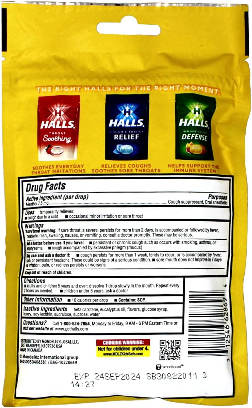 Halls Honey Lemon Triple Soothing Action Cough Suppressant/Oral Anesthetic Drops 30 ct (Pack of 12)
