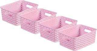 Curver My Style - Juego de 4 cestas rectangulares pequeñas de almacenamiento con efecto ratán para cocina, sala de estar, baño, dormitorio, utilidad, 4 litros, color rosa