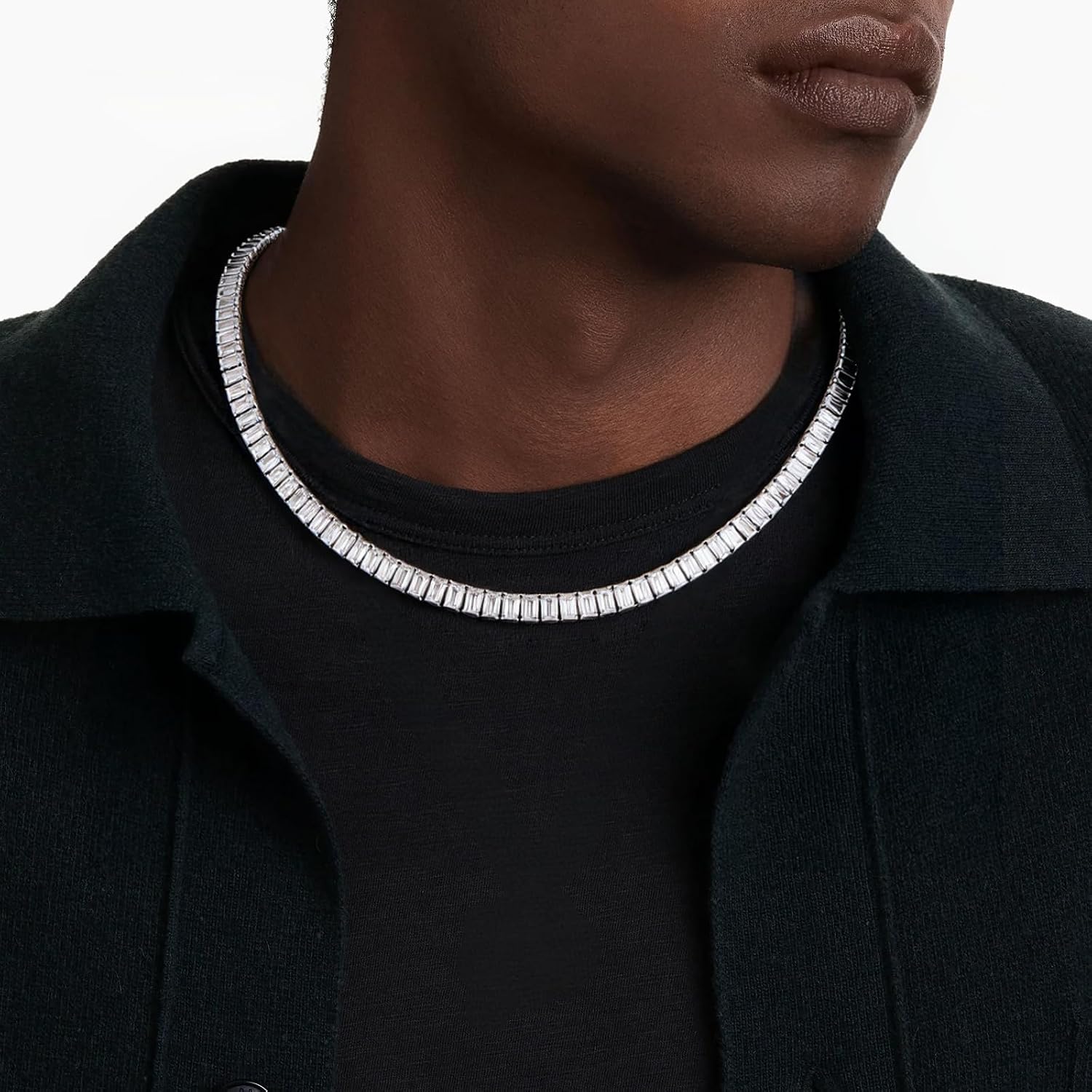 BREN Baguette Tennis Necklaces for Women Men - White/Yellow Gold Plated Cubic Zirconia Tennis Chain Dainty Jewelry Gifts for Holiday Wedding Party Prom Valentines Day