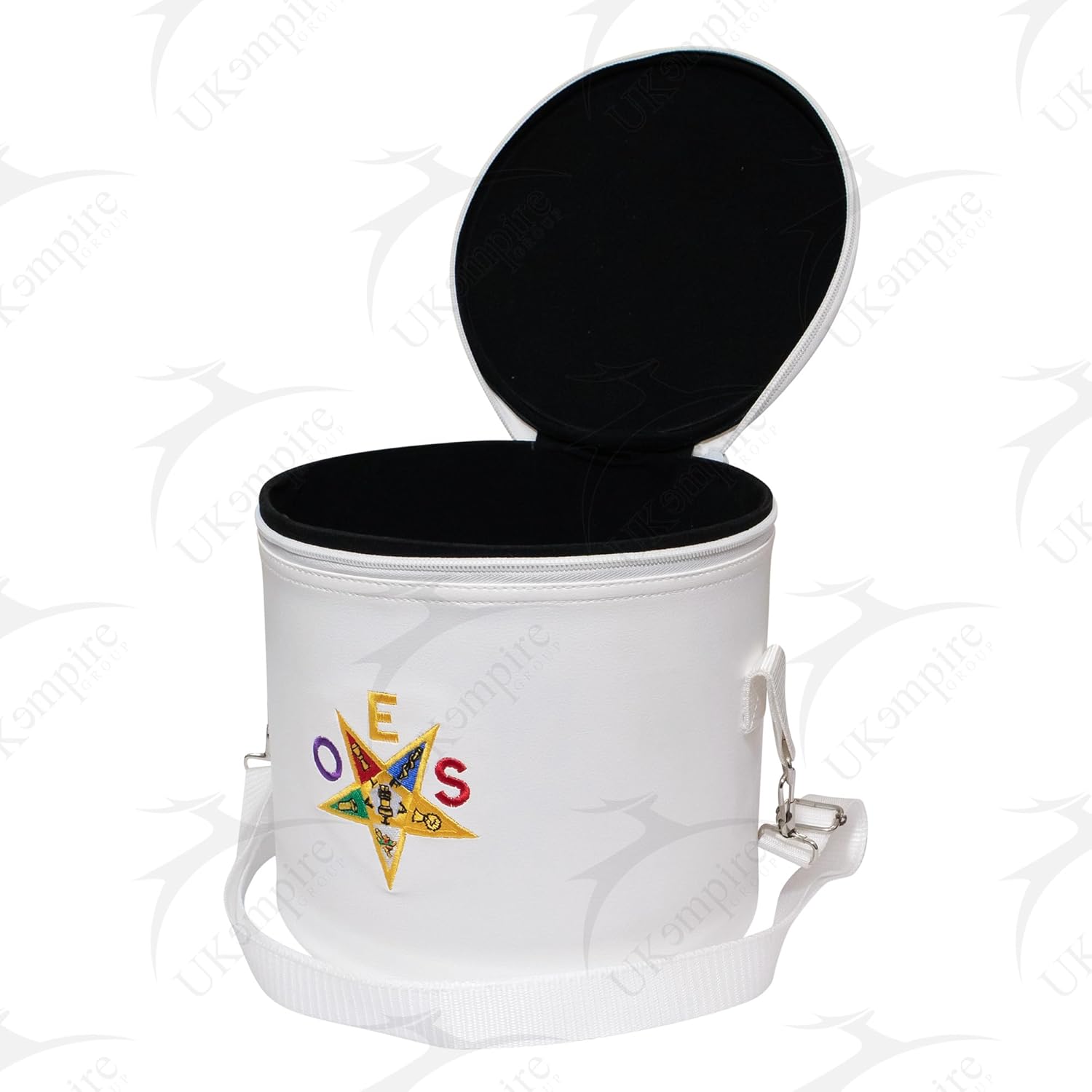 Premium Masonic OES Fez Hat Case White Leather, O in Purple Eastern Star Dual Emblems Front & Top (Machine Embroidery) with Shoulder Strap