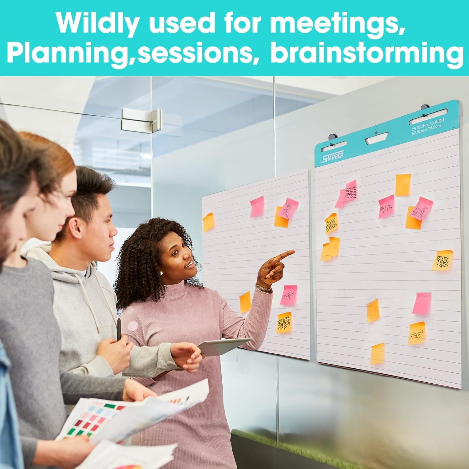 Lined Sticky Easel Pad, 20 * 23 inch,Self-Stick Flip Chart Paper, Super Adhesive & Bleed-Resistant,Micro-Perforated Tear,Classroom Teacher Office Presentation Pads,3 Pads/Pack,90Sheets