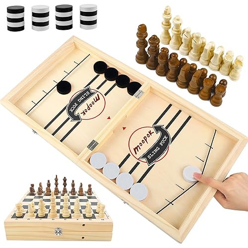 Fast Sling Puck Game - 2 in1 Chess Board and Desktop Battle Super Winner Game,Fast Action Wooden Air Hockey Board Game,Adults and Kids Family Friend Funny Slingshot Game Toys