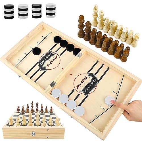 moopok Fast Sling Puck Game - 2 in1 Chess Board