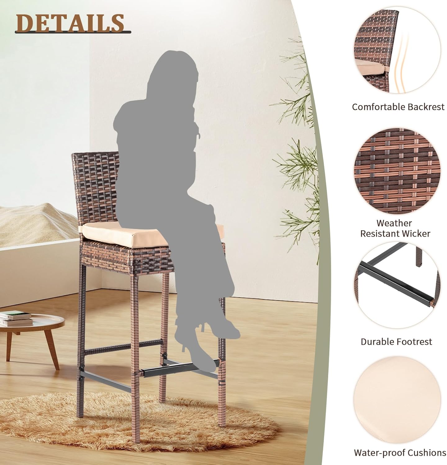 VINGLI Outdoor Wicker Bar Stool Set of 2, Patio Bar Stools w/Cushion, Bar Height Patio Chairs Outdoor Rattan Barstools for Garden Pool Lawn Backyard, Brown