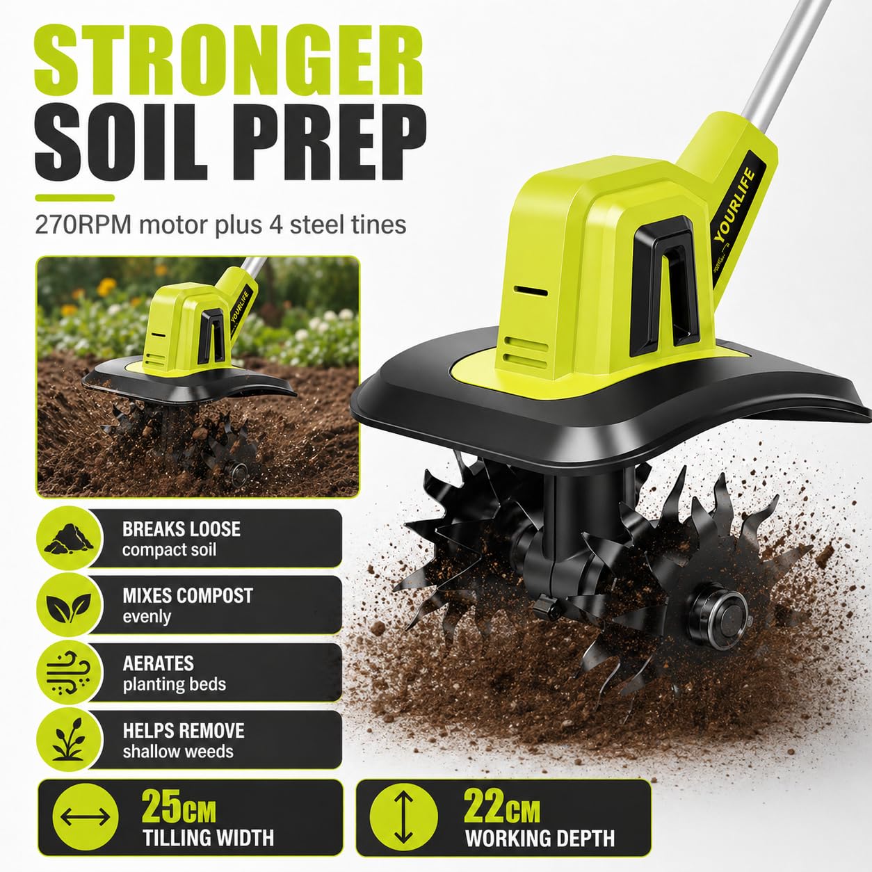 Cultivador Manual para Jardinería, Motoazada Eléctrica Inalámbrica con 4 Dientes de Acero, Ancho de 25 cm, Profundidad de 22 cm, Rotocultivador Ligero para Preparación y Aireación del Suelo