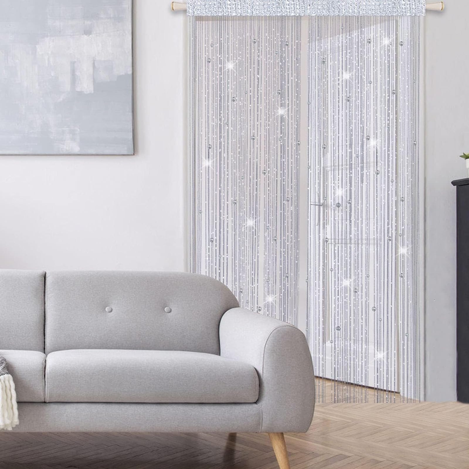 Rideau Anti-mouche Porte Lot De 2 Rideaux à Fils Perles - 100x200cm Blanc Argenté - Séparation D'Espace & Anti-Mouches Pour Porte/Fenêtre Rideau Balcon Scintillant