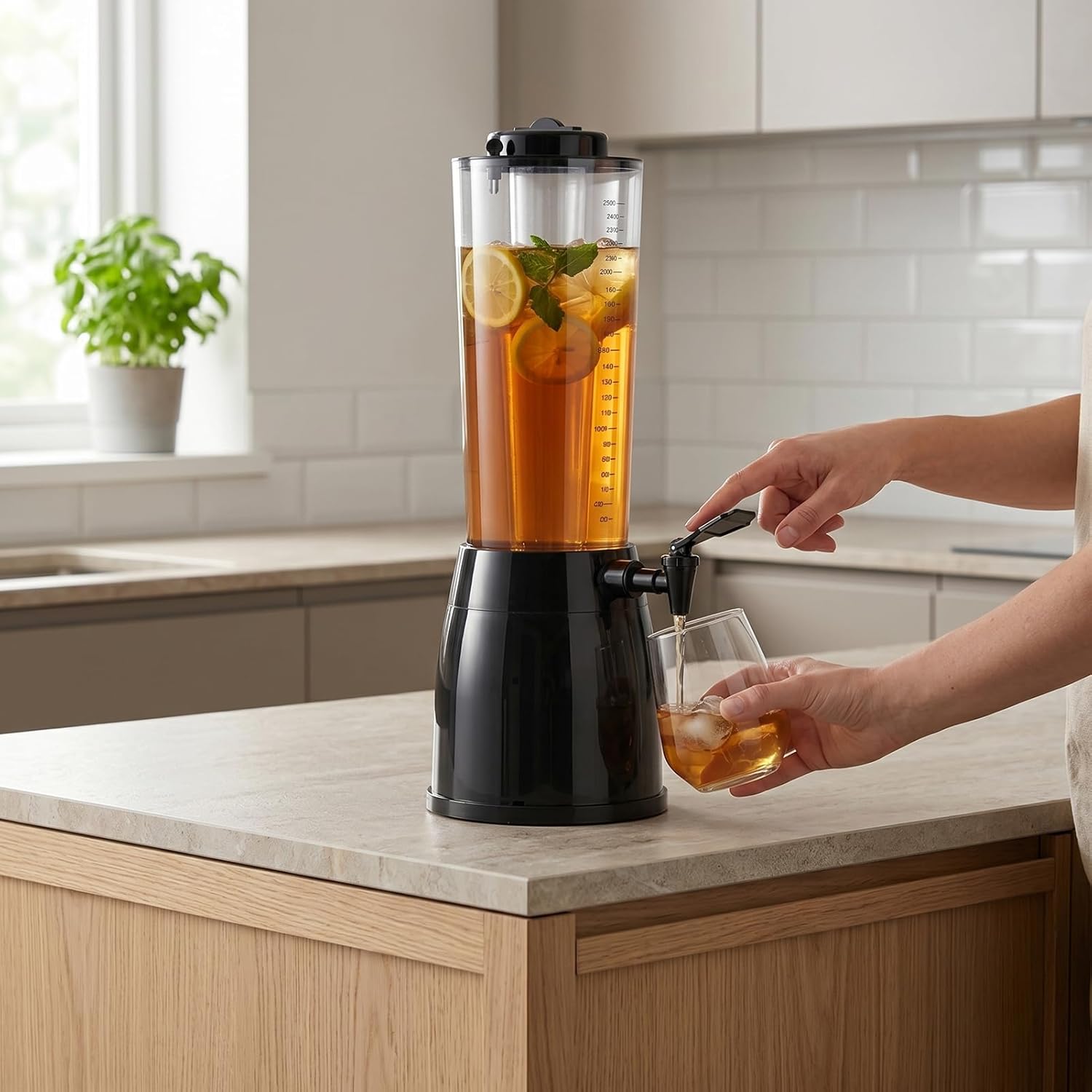 banapoy 2.5L Drink Dispenser, Plastic Drinks Tower Beverage Dispenser with Stand, Tower with Ice Tube and LED Light, Tabletop Beer for Commercial Use Parties (Black)