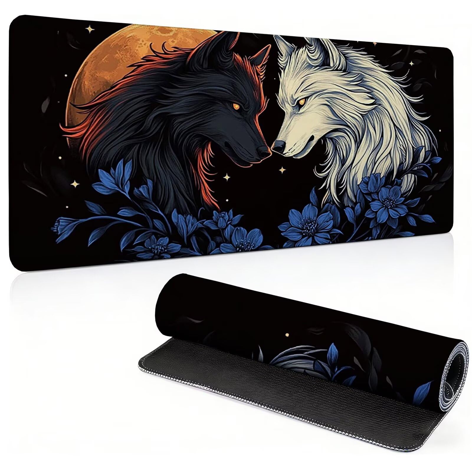 Tappetino Mouse Gaming, 1200x600mm Tappetino Mouse XXL bianco nero 0c0-260 | Mouse Pad Grande, Ottimizzato per i Sensori da Gioco, Migliora Precisione e Velocità, per Mac e PC, lupi